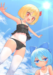 Rule 34 | 2girls, :d, absurdres, black camisole, black panties, blonde hair, blue bow, blue eyes, blue hair, blue sky, bob cut, bow, bow panties, camisole, cirno, closed mouth, cloud, cloudy sky, commentary, contrail, crotch seam, day, frown, glaring, hair bow, hair ribbon, half-closed eyes, harunoha, highres, ice, ice wings, jitome, lace, lace-trimmed panties, lace trim, looking at viewer, multiple girls, navel, one-piece tan, open mouth, outdoors, outstretched arms, panties, red eyes, red ribbon, ribbon, rumia, sky, smile, spread arms, standing, strap slip, sun, sunlight, sweat, tan, tanline, thighhighs, touhou, underwear, underwear only, white camisole, white thighhighs, wings