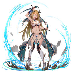 Rule 34 | 1girl, :d, aqua eyes, arm up, armpits, bikini, blonde hair, boots, bracelet, breasts, btraphen, cleavage, dual wielding, fangs, full body, groin, halterneck, headgear, highres, holding, holding weapon, jewelry, knife, long hair, looking at viewer, medium breasts, navel, open mouth, original, pointy ears, simple background, smile, solo, standing, string bikini, swimsuit, veil, very long hair, weapon, white background, white bikini