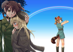Rule 34 | 3girls, animal ears, bad id, bad pixiv id, blonde hair, blue eyes, blush, boots, brown eyes, brown hair, gertrud barkhorn, hat, helma lennartz, hug, long hair, looking back, military, military uniform, multiple girls, niina ryou, one eye closed, original, outstretched arms, rainbow, smile, stretching, strike witches, strike witches: suomus misfits squadron, tail, tears, uniform, wink, world witches series
