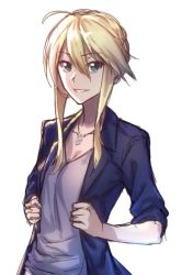 Rule 34 | 1girl, adjusting clothes, ahoge, alternate breast size, alternate costume, artoria pendragon (all), artoria pendragon (fate), artoria pendragon (lancer) (fate), blonde hair, blouse, blue jacket, braid, breasts, casual, cleavage, collarbone, fate/grand order, fate/stay night, fate (series), french braid, green eyes, grey shirt, grin, hair between eyes, hair bun, jacket, jewelry, long hair, long sleeves, looking at viewer, matsuharu (lip-mil), medium breasts, necklace, open clothes, open jacket, parted lips, pendant, saber (fate), shirt, sidelocks, simple background, single hair bun, sketch, sleeves past elbows, sleeves pushed up, smile, solo, teeth, upper body, white background
