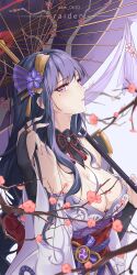 Rule 34 | 1girl, absurdres, blurry, blurry foreground, branch, breasts, bridal gauntlets, character name, cherry blossoms, cleavage, commentary request, flower, from side, genshin impact, hair flower, hair ornament, hands up, highres, holding, holding umbrella, japanese clothes, kimono, large breasts, long hair, looking at viewer, looking to the side, mkm 0610, mole, mole under eye, obi, obijime, off shoulder, oil-paper umbrella, parted lips, playing with own hair, purple eyes, purple hair, purple kimono, purple nails, raiden shogun, sash, shrug (clothing), simple background, solo, twitter username, umbrella, upper body, vision (genshin impact), wide sleeves