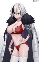 Rule 34 | 1girl, acaa, arlecchino (genshin impact), black hair, bra, breasts, cleavage, cowboy shot, fur trim, genshin impact, half-closed eyes, hand on own hip, highres, jacket, large breasts, lingerie, looking at viewer, multicolored hair, open clothes, open jacket, panties, parted lips, red bra, red panties, short hair, simple background, solo, symbol-shaped pupils, thighhighs, two-tone hair, underwear, white background, white hair, white jacket, white thighhighs
