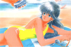 Rule 34 | 1980s (style), 1girl, 1other, ayukawa madoka, beach, black hair, blanket, blue eyes, can, day, drink can, holding, holding can, kimagure orange road, long hair, lying, offering, official art, oldschool, one-piece swimsuit, outdoors, retro artstyle, scan, soda can, solo focus, swimsuit, takada akemi, unworn eyewear, yellow one-piece swimsuit