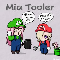 Rule 34 | 2girls, ahoge, blonde hair, blue overalls, blush stickers, chibi, chibi only, clenched hand, cosplay, ear piercing, english text, gloves, green hat, green shirt, grey background, hair over one eye, hair rings, hammer, hand up, hat, highres, holding, holding hammer, holding wrench, krakelak, long hair, long sleeves, love live!, love live! nijigasaki high school idol club, luigi, luigi (cosplay), mario, mario (cosplay), mario (series), mia taylor, mole, mole under eye, multiple girls, nintendo, no mouth, one eye covered, overalls, piercing, piranha plant, plantification, pun, purple eyes, red hat, red shirt, sharp teeth, shirt, short hair, speech bubble, teeth, text focus, twitter username, v-shaped eyebrows, white gloves, wrench