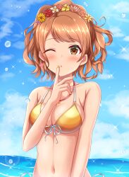 Rule 34 | 1girl, absurdres, bare shoulders, bikini, blue sky, blush, breasts, brown eyes, brown hair, cloud, collarbone, day, dot nose, finger to mouth, flower, front-tie bikini top, front-tie top, hair flower, hair ornament, heart, highres, hojo karen, idolmaster, idolmaster cinderella girls, idolmaster cinderella girls starlight stage, index finger raised, jewelry, lens flare, long hair, looking at viewer, medium breasts, midriff, naruse nagi, navel, necklace, ocean, one eye closed, parted lips, sky, smile, solo, sparkle, splashing, swimsuit, yellow bikini, yellow nails