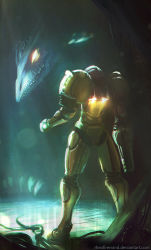 Rule 34 | 1girl, arm cannon, armor, chromatic aberration, from behind, full armor, full body, glowing, glowing eyes, highres, jetpack, light rays, looking at another, metroid, nintendo, power armor, power suit, rhexfiremind, ridley, samus aran, sharp teeth, shoulder pads, standing, teeth, varia suit, weapon