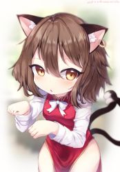 Rule 34 | 1girl, :o, animal ear fluff, animal ears, bow, bowtie, breasts, brown eyes, brown hair, cat ears, cat tail, chen, cowboy shot, dress, earrings, gold trim, grey background, hair between eyes, jewelry, light blush, looking at viewer, multiple tails, nekomata, no headwear, paw pose, red dress, short hair, simple background, single earring, small breasts, solo, tail, touhou, two tails, white bow, white bowtie, yubayuki