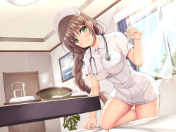 Rule 34 | 1girl, bare legs, bed, bed sheet, bowl, braid, braided ponytail, breasts, brown hair, closed eyes, curtains, digital thermometer, dress, glass, green eyes, hair ornament, hairclip, hat, highres, holding, holding thermometer, indoors, leaf, long hair, looking at viewer, medium breasts, non-web source, nurse, nurse cap, original, plant, potted plant, room, sidelocks, smile, solo, sparkle, spoon, stethoscope, thermometer, towel, tray, utsurogi akira, white dress, white hat, window