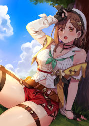 Rule 34 | 1girl, atelier (series), atelier ryza, atelier ryza 2, braid, breasts, brown eyes, brown hair, cleavage, gloves, hair ornament, highres, jacket, jewelry, key, key necklace, leather, leather belt, leather gloves, medium breasts, necklace, noriuma, open mouth, red shorts, reisalin stout, short shorts, shorts, single sidelock, sitting, sleeveless, sleeveless jacket, solo, thick thighs, thigh strap, thighs, white headwear, yellow jacket