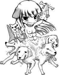 Rule 34 | 1girl, blunt bangs, bone, breasts, conjoined, extra breasts, long hair, lowres, monochrome, monster girl, nipples, no nose, pussy, scylla, solo, tears, tongue