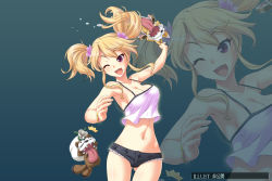 Rule 34 | 1girl, bare shoulders, blonde hair, breasts, cleavage, dmm, happy, large breasts, legs, long hair, looking at viewer, midriff, navel, one eye closed, open mouth, red eyes, short shorts, shorts, simple background, smile, solo, standing, tank top, thighs, tongue, tongue out, twintails, wink