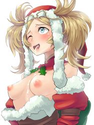 Rule 34 | 1girl, alternate costume, bar censor, bare shoulders, blonde hair, blue eyes, boris (noborhys), breasts, censored, christmas, cum, cum in mouth, cum on body, cum on upper body, cum string, detached collar, fire emblem, fire emblem awakening, fire emblem heroes, fur trim, hat, heart, highres, lissa (fire emblem), medium breasts, mistletoe, nintendo, nipples, one eye closed, open mouth, puffy nipples, santa hat, short hair, simple background, solo, sweat, tongue, twintails, upper body, white background