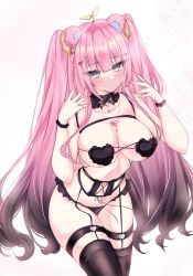 Rule 34 | 1girl, acedia, animal ears, black thighhighs, blue eyes, breasts, commission, cowboy shot, hair ornament, heart, heart necklace, highres, jewelry, large breasts, lingerie, looking at viewer, necklace, original, pink hair, standing, thighhighs, thighs, underwear