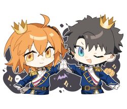 Rule 34 | 1boy, 1girl, ;d, ahoge, belt, black hair, blue eyes, blue jacket, bow, bowtie, brown belt, chibi, closed mouth, command spell, cropped torso, crown, epaulettes, fate/grand order, fate (series), fringe trim, fujimaru ritsuka (female), fujimaru ritsuka (female) (halloween royalty), fujimaru ritsuka (male), fujimaru ritsuka (male) (halloween royalty), gloves, highres, idass (idass16), jacket, looking at viewer, mini crown, one eye closed, one side up, open mouth, orange eyes, orange hair, sash, short hair, simple background, smile, upper body, white background, white bow, white bowtie, white gloves