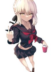 Rule 34 | 1girl, absurdres, artoria pendragon (all), artoria pendragon (fate), black ribbon, black sailor collar, black serafuku, black shirt, black skirt, blonde hair, braid, breasts, cup, fate/grand order, fate/stay night, fate (series), french braid, hair ribbon, highres, kesoshirou, long hair, long sleeves, looking at viewer, middle finger, neckerchief, pleated skirt, red neckerchief, revision, ribbon, saber alter, sailor collar, school uniform, serafuku, shirt, sidelocks, simple background, skirt, small breasts, solo, thighs, white background, yellow eyes