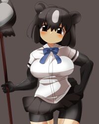 Rule 34 | 1girl, animal ears, bear ears, bear girl, bear tail, bike shorts under skirt, black gloves, black hair, black skirt, blue bow, blue bowtie, blush, bow, bowtie, breasts, brown background, brown bear (kemono friends), brown eyes, closed mouth, commentary request, cowboy shot, elbow gloves, expressionless, gloves, hair between eyes, holding, holding staff, kemono friends, large breasts, lets0020, looking at viewer, medium bangs, miniskirt, pleated skirt, shirt, short hair, skirt, solo, staff, tail, white shirt