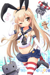 Rule 34 | &gt; &lt;, 10s, 1girl, :3, anchor, anchor hair ornament, ayakashi (monkeypanch), black panties, blonde hair, blush, brown eyes, closed eyes, danboo, elbow gloves, gloves, hair ornament, hairband, highres, kantai collection, long hair, looking at viewer, navel, one eye closed, panties, personification, rensouhou-chan, shimakaze (kancolle), skirt, solo, star (symbol), striped clothes, striped thighhighs, thighhighs, triangle mouth, underwear, white gloves, wink, yotsubato!