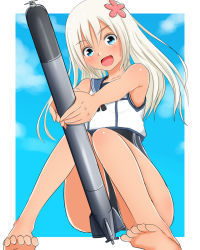 Rule 34 | 1girl, bare shoulders, barefoot, baretto (karasi07), blue eyes, blush, collarbone, commentary request, crop top, flower, hair between eyes, hair flower, hair ornament, highres, holding, kantai collection, long hair, looking at viewer, one-piece swimsuit, one-piece tan, open mouth, ro-500 (kancolle), sailor collar, school swimsuit, school uniform, serafuku, simple background, smile, solo, swimsuit, swimsuit under clothes, tan, tanline, torpedo, white hair