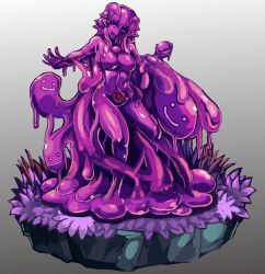 Rule 34 | 1girl, breasts, commentary request, dark slime, fang, full body, grass, highres, holding, large breasts, looking at viewer, monster girl, monster girl encyclopedia, nude, open mouth, purple eyes, rock, short hair, simple background, slime girl, smile, solo, tagme, tentacles, udetamago