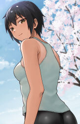 Rule 34 | 1girl, ass, black hair, blue sky, bob cut, breasts, cherry blossoms, closed mouth, cloud, cloudy sky, commentary request, dark skin, flower, from behind, hashi, looking at viewer, medium breasts, one-piece tan, original, pink flower, short bangs, short hair, simple background, sky, smile, solo, standing, tan, tanline, tomboy, yellow eyes