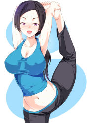 Rule 34 | 1girl, amasora taichi, barefoot, black hair, breasts, capri pants, covered erect nipples, feet, hands on feet, holding with feet, large breasts, long hair, midriff, navel, nintendo, open mouth, pale skin, pants, ponytail, purple eyes, solo, spandex, split, standing, standing on one leg, stretching, super smash bros., sweat, tank top, toes, wii fit, wii fit trainer, wii fit trainer (female)
