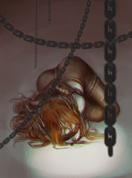 Rule 34 | 1girl, arm behind back, bdsm, bit gag, blindfold, bondage, bound, brown hair, chain, chromatic aberration, circlet, crotch rope, gag, gagged, highres, jadenplum, league of legends, leona (league of legends), long hair, lying, pantyhose, restrained, shibari, solo, torn clothes, torn pantyhose