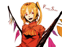 Rule 34 | 1girl, ascot, bad id, bad pixiv id, blonde hair, character name, crazy, embodiment of scarlet devil, english text, female focus, flandre scarlet, foreshortening, laughing, lughing, no headwear, open mouth, shadlow, side ponytail, simple background, solo, teeth, touhou, typo, wings