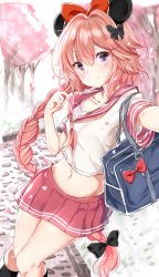 Rule 34 | 1boy, animal ears, astolfo (fate), astolfo (sailor paladin) (fate), bag, black bow, black ribbon, blush, bow, bra, bra pull, braid, clothes pull, collarbone, day, fake animal ears, fate/grand order, fate (series), hair ribbon, hamaken. (novelize), highres, looking at viewer, male focus, mouse ears, navel, official alternate costume, outdoors, outstretched arms, pink hair, purple eyes, reaching, reaching towards viewer, red sailor collar, red skirt, ribbon, sailor collar, school uniform, selfie, serafuku, shirt pull, single braid, skirt, trap, tree, underwear