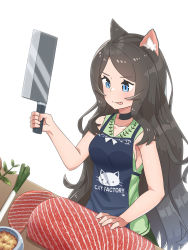 Rule 34 | 1girl, :p, absurdres, animal ear fluff, animal ears, black choker, blue eyes, blush, brown hair, cat ears, cat tail, choker, chopping, cleaver, cooking, food, green shirt, green skirt, highres, holding, holding knife, knife, long hair, mao lian (nekokao), original, shirt, simple background, skirt, smile, solo, spring onion, standing, tail, tongue, tongue out, aina (mao lian), very long hair, white background