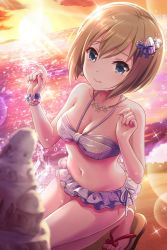 Rule 34 | 1girl, alternative girls, beach, bikini, blonde hair, blue eyes, breasts, cleavage, closed mouth, earrings, flower, flower necklace, hair ornament, highres, jewelry, looking at viewer, necklace, ocean, official art, sand, sandals, short hair, solo, sunlight, sunset, swimsuit, sylvia richter, tears