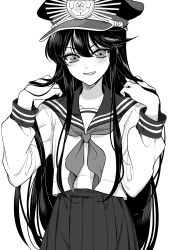 Rule 34 | 1girl, absurdres, bad id, bad pixiv id, blush, breasts, contemporary, crest, family crest, fate/grand order, fate (series), greyscale, grin, hat, highres, kanon (ikamiso), koha-ace, long hair, long sleeves, looking at viewer, monochrome, neckerchief, oda nobunaga (fate), oda nobunaga (koha-ace), oda uri, peaked cap, pleated skirt, sailor collar, school uniform, serafuku, sidelocks, simple background, skirt, small breasts, smile, solo, white background
