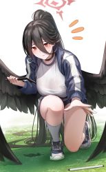 Rule 34 | 1girl, absurdres, black choker, black hair, black wings, blue archive, blue jacket, blush, breasts, choker, clipboard, feathered wings, feathers, full body, grass, gym uniform, hair between eyes, halo, hasumi (blue archive), hasumi (track) (blue archive), highres, holding, holding clipboard, jacket, large breasts, long hair, low wings, niwachichi (maekawasan), on one knee, open clothes, open jacket, outstretched hand, pen, ponytail, red eyes, see-through, shirt, shoes, short shorts, shorts, sneakers, socks, solo, sweatdrop, thighs, track jacket, very long hair, white background, white footwear, white shirt, white socks, wings