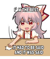 Rule 34 | 1girl, :d, bow, chibi, chinese commentary, commentary request, english text, fujiwara no mokou, hair between eyes, hair bow, jokanhiyou, long hair, looking at viewer, motion lines, open mouth, pink hair, puffy short sleeves, puffy sleeves, red eyes, shirt, short sleeves, simple background, smile, solo, suspenders, touhou, truth, upper body, white background, white bow, white shirt