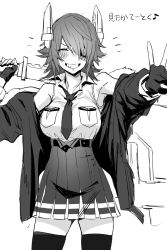 Rule 34 | blouse, breast pocket, closed eyes, greyscale, hair between eyes, hair over one eye, headgear, highres, holding, holding sword, holding weapon, jacket, kantai collection, monochrome, necktie, off shoulder, open clothes, open shirt, pocket, shirt, short hair, simple background, sketch, skirt, smile, solo, standing, sword, takuan (takuanlunch), tenryuu (kancolle), tenryuu kai ni (kancolle), thighhighs, v, v-shaped eyebrows, weapon, white background