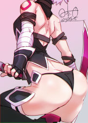 Rule 34 | 1girl, arched back, ass, bandages, bare shoulders, black gloves, black panties, butt crack, dated, dual wielding, elbow gloves, fate/apocrypha, fate (series), fingerless gloves, from behind, gloves, head out of frame, highres, hinomoto madoka, holding, holding weapon, jack the ripper (fate/apocrypha), knife, no pants, panties, purple hair, scar, short hair, simple background, solo, thong, underwear, weapon
