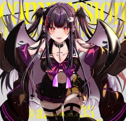 Rule 34 | 1girl, 2022, airaku 33, bat wings, belt, belt collar, black belt, black hair, black jacket, black skirt, black thighhighs, breasts, cleavage, collar, commission, covered navel, cross, fangs, hair ornament, head wings, highres, indie virtual youtuber, jacket, jewelry, large breasts, long hair, looking at viewer, luna violet, multicolored hair, necklace, open clothes, open jacket, open mouth, pleated skirt, purple hair, red eyes, skeb commission, skindentation, skirt, smile, solo, streaked hair, tank top, thighhighs, twintails, virtual youtuber, wings