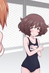 Rule 34 | 2girls, akiyama yukari, black one-piece swimsuit, blurry, blurry foreground, blush, brown eyes, brown hair, chain-link fence, commentary, depth of field, fence, girls und panzer, hazuki haru, highres, looking at another, messy hair, multiple girls, name tag, nishizumi miho, one-piece swimsuit, open mouth, out of frame, pointing, school swimsuit, short hair, standing, swimsuit