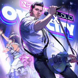 Rule 34 | 1boy, 1girl, adam young, artist request, black hair, black necktie, collared shirt, copyright name, cowboy shot, dress, earpiece, facial hair, frilled dress, frills, girls&#039; frontline, girls&#039; frontline neural cloud, guitar, headset, highres, holding, holding instrument, holding microphone, instrument, long hair, microphone, nanaka (neural cloud), necktie, owl city, pants, real life, shirt, short hair, sleeve rolled up, smile, stage, stubble, white dress, white shirt
