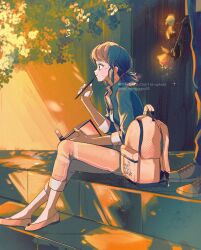 Rule 34 | 1boy, 1girl, bag, black jacket, blazer, blue hair, book, flower, highres, holding, holding book, holding pen, jacket, looking to the side, marinette dupain-cheng, miraculous ladybug, open clothes, open jacket, pants, pen, pink bag, pink footwear, pink pants, school bag, seio (nao miragggcc45), shirt, short twintails, sitting, smile, sunset, twintails
