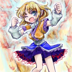 Rule 34 | 1girl, blonde hair, clenched hands, detached sleeves, fang, female focus, green eyes, mizuhashi parsee, nanashii (soregasisan), open mouth, pointy ears, solo, touhou, wink