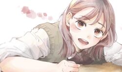 Rule 34 | 1girl, blush, bow, bowtie, brown eyes, brown hair, commentary, furusato kou, grey sweater vest, hair behind ear, hair over shoulder, leaning forward, leaning on table, medium hair, open mouth, original, parted bangs, pink lips, school uniform, shirt, simple background, sleeves past elbows, sleeves rolled up, solo, straight-on, sweater vest, symbol-only commentary, teeth, upper teeth only, white background, white shirt