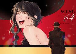 Rule 34 | 1boy, 1girl, bare shoulders, black hair, blush, breasts, coat, derivative work, earrings, fedora, gold earrings, hat, highres, husband and wife, jewelry, long hair, long sleeves, looking at viewer, medium breasts, open mouth, screenshot redraw, sidelocks, smile, spy x family, trench coat, twilight (spy x family), udonoharu, yor briar