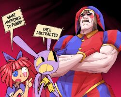 Rule 34 | 1boy, 2girls, :&lt;, angry, black eyes, blue eyes, blush stickers, bodysuit, brown hair, cape, cosplay, creepy, crossed arms, dated, defeat, doll, dress, english text, facial hair, femdom, fusion, glitch productions, gloves, hat, highres, index finger raised, injury, invincible (series), jax (the amazing digital circus), jester, jester cap, looking at another, loyal cloud, multiple girls, muscular, muscular female, mustache, name connection, omni-man, omni-man (cosplay), open mouth, parody, pectorals, pomni (the amazing digital circus), rabbit boy, rabbit ears, ragatha (the amazing digital circus), red cape, red gloves, serious, shaded eyes, short hair, signature, surprised, teeth, the amazing digital circus, upper body