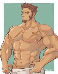 Rule 34 | 1boy, abs, bara, blue eyes, brown hair, cowboy shot, facial hair, fate/grand order, fate (series), goatee, highres, large pectorals, long sideburns, long sleeves, looking at viewer, male focus, mature male, muscular, muscular male, napoleon bonaparte (fate), navel, pectorals, quietscrappy, short hair, sideburns, simple background, smile, solo, standing, stomach, strongman waist, topless male