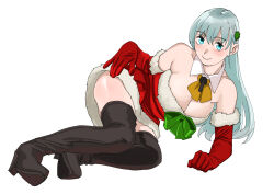 Rule 34 | 1girl, alternate costume, arm up, armpits, bare shoulders, black footwear, blue eyes, boots, bow, breasts, cleavage, commentary request, dress, elbow gloves, full body, fur-trimmed dress, fur-trimmed gloves, fur trim, gloves, green bow, grey hair, highres, kantai collection, large breasts, long hair, looking at viewer, lying, ojipon, on side, open mouth, red dress, red gloves, simple background, smile, solo, strapless, strapless dress, suzuya (kancolle), teeth, thigh boots, upper teeth only, white background
