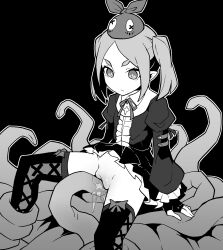 Rule 34 | 1girl, akableak, anus, black background, black thighhighs, cleft of venus, closed mouth, expressionless, gothic lolita, highres, lolita fashion, monochrome, monochrome background, monogatari (series), ononoki yotsugi, pussy, pussy juice, simple background, spread anus, tentacle sex, tentacles, thick eyebrows, thighhighs, twintails, uncensored