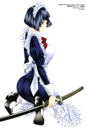 Rule 34 | 00s, 1girl, absurdres, ass, blue hair, breasts, eyepatch, female focus, full body, green eyes, high heels, highres, ikkitousen, katana, kneeling, large breasts, maid, non-web source, official art, ryomou shimei, shiozaki yuji, shoe soles, short hair, simple background, solo, strappy heels, sword, weapon