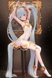 Rule 34 | 1girl, absurdly long hair, aqua eyes, aqua hair, arm cuffs, arms up, bare shoulders, choker, commentary request, dark background, dress, full body, hatsune miku, highres, long hair, miku symphony (vocaloid), on chair, ribbon, sitting, sleeveless, smile, solo, tattoo, twintails, very long hair, vocaloid, white dress, yuzuaji