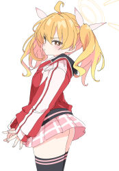Rule 34 | 1girl, ahoge, black thighhighs, blonde hair, blue archive, brown eyes, commentary request, halo, ixy, jacket, long sleeves, looking at viewer, medium hair, pink skirt, plaid, plaid skirt, red jacket, simple background, skirt, solo, thighhighs, thighs, track jacket, twintails, white background, yoshimi (blue archive), zettai ryouiki