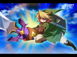 Rule 34 | 1boy, blonde hair, blue eyes, gloves, hat, holding sword, left-handed, letterboxed, link, male focus, nintendo, pointy ears, shield, solo, sword, the legend of zelda, toile ga chikaize, toilet (108 toilet), weapon